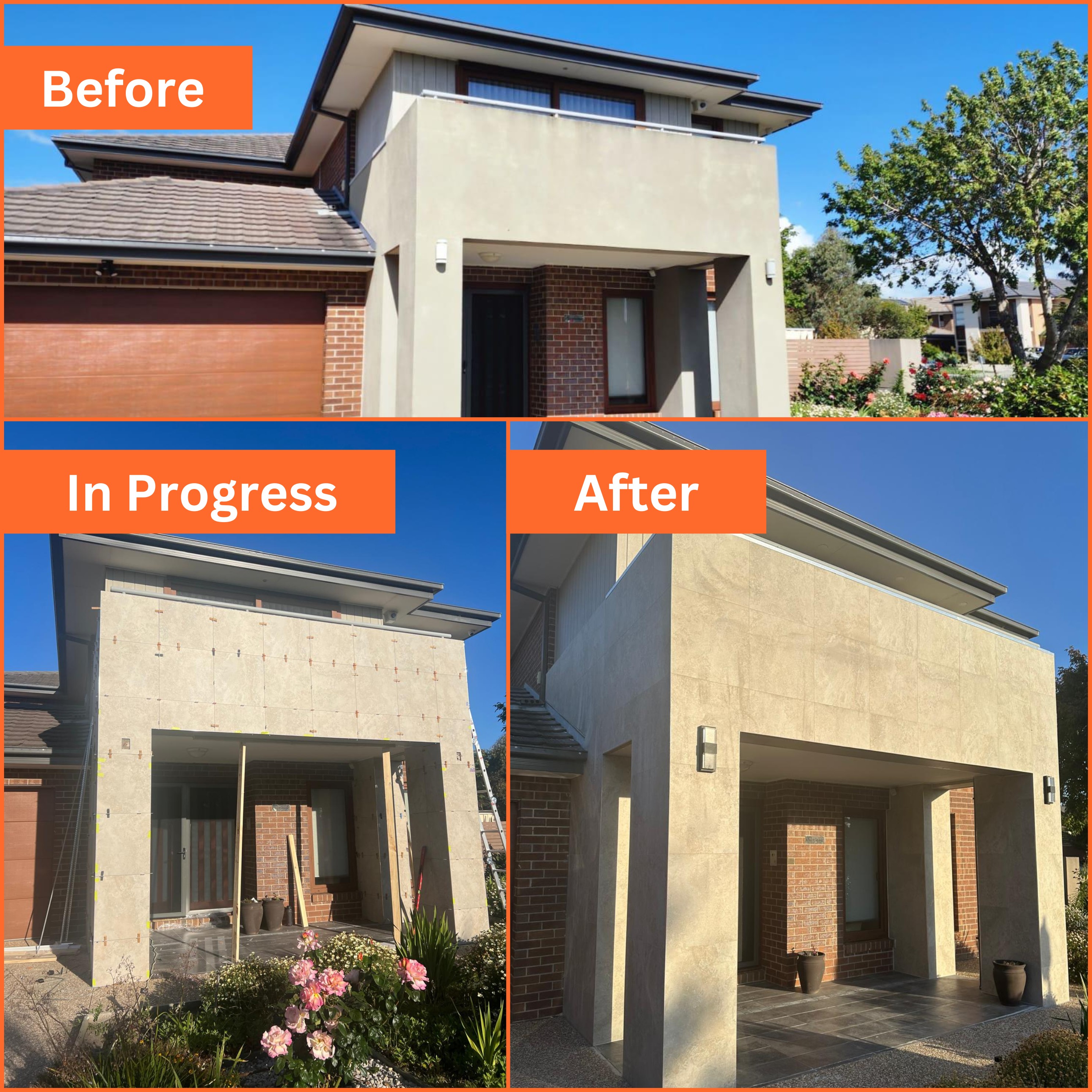 Before and after of modern facade upgrade with premium stone tiling.